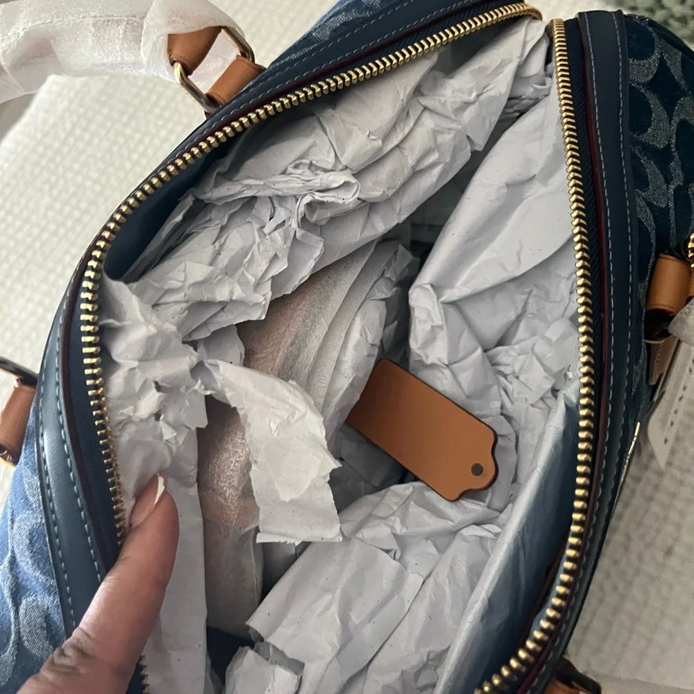 Coach Signature Dome Satchel in Navy with Tan Trim - Large Rowan - Picture 3 of 9